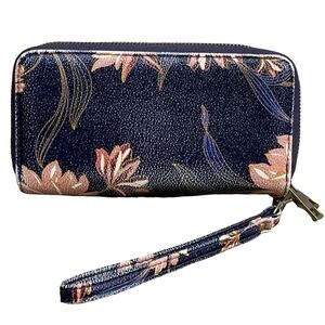Small Floral Faux Leather Factory Distressed Navy Blue Wristlet Wallet